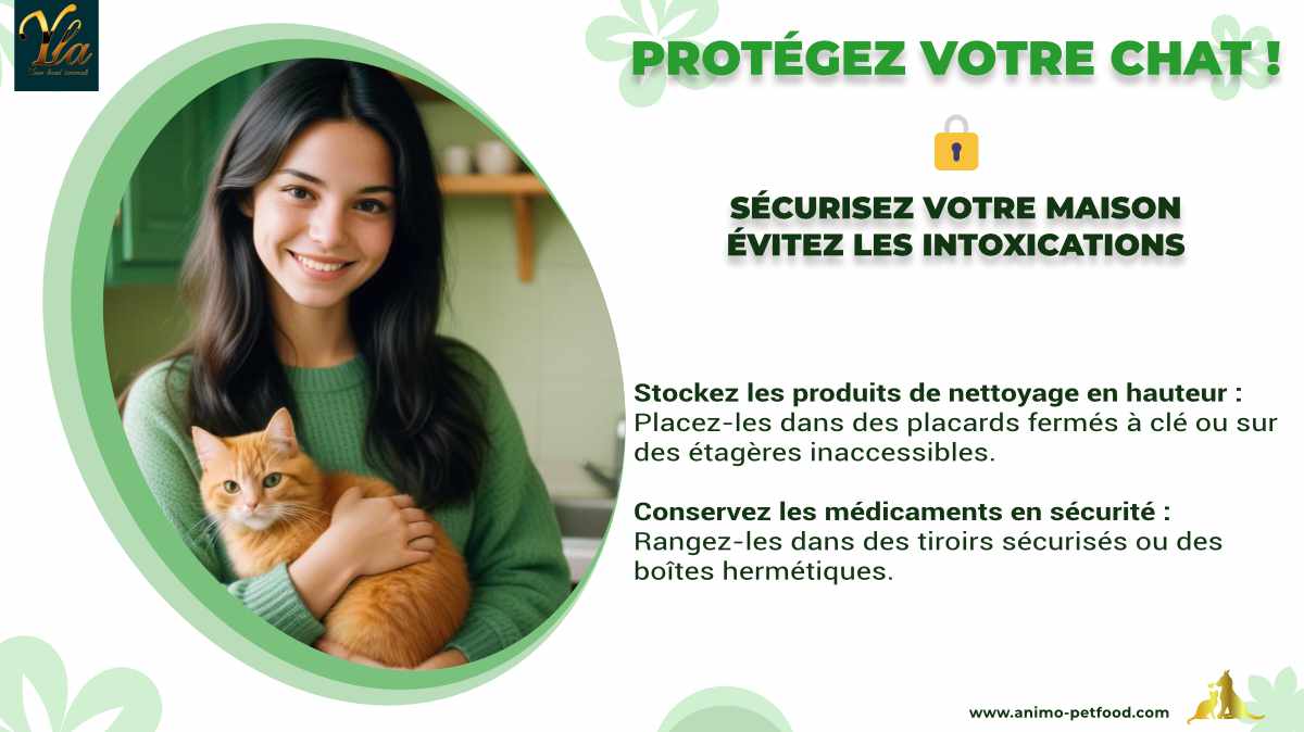 Sécurisez votre maison pour protéger votre chat des intoxications : rangez les produits de nettoyage en hauteur et conservez les médicaments en sécurité